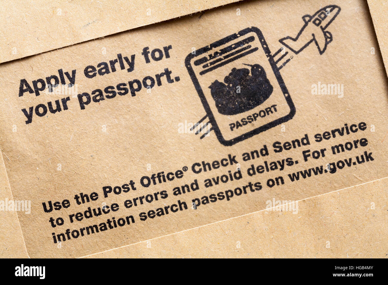 Apply early for your passport Use the Post Office Check and Send service to  reduce errors and avoid delays - info on envelope Stock Photo - Alamy