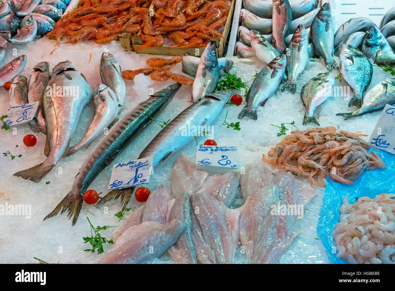 Fine fish and seafood seen at a market in Palermo, Sicily Stock Photo