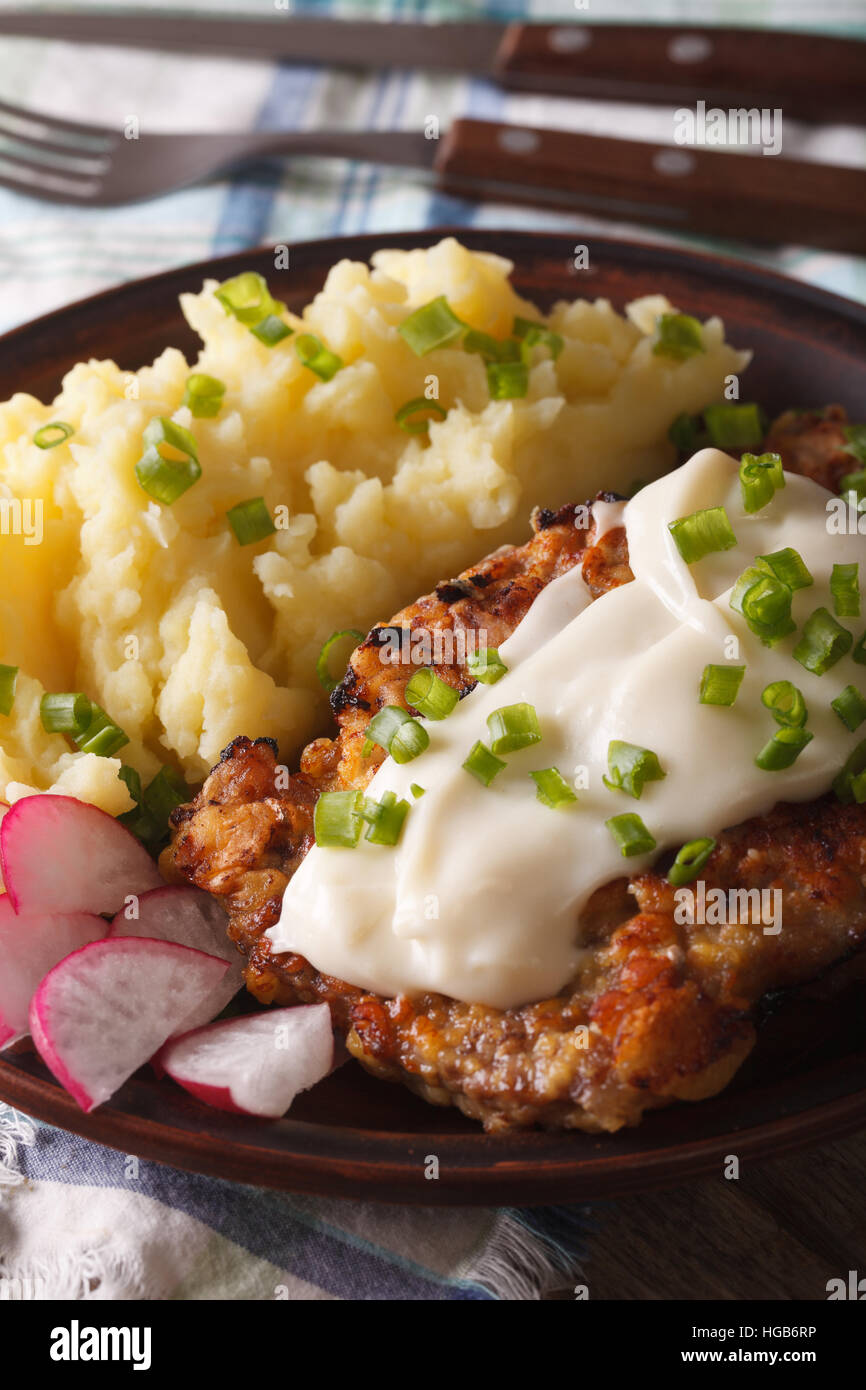 Fried chicken steak with potato garnish on a plate close-up vertical Stock Photo