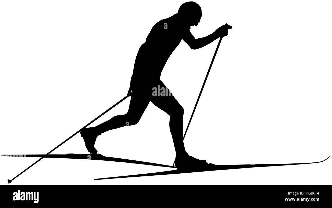 athlete ski racer classic style black silhouette Stock Photo