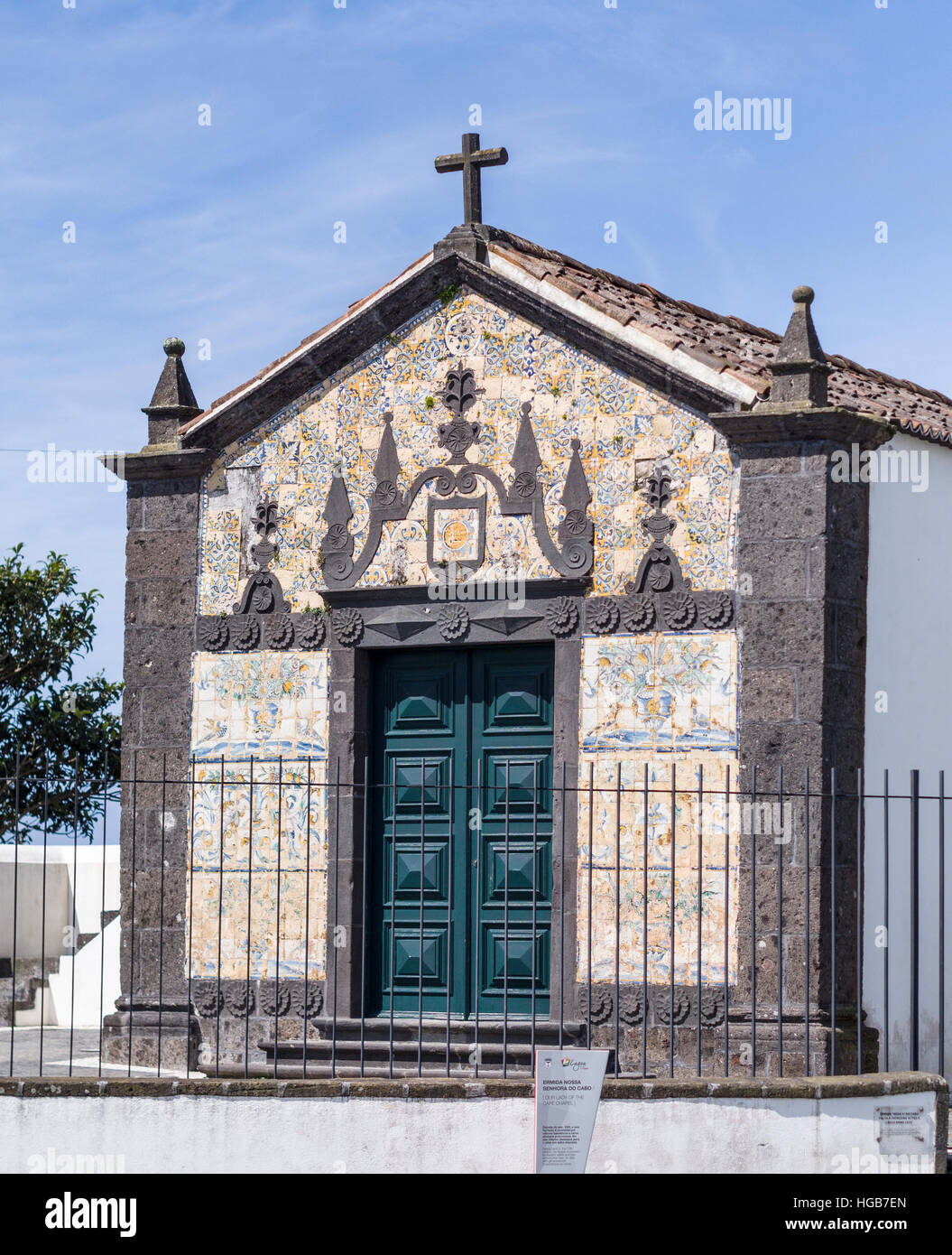 Front entrance of an old 17th Century Chapel. Ermida Nossa Senhora do Cabo / Our Lady of the Cape Chapel Stock Photo