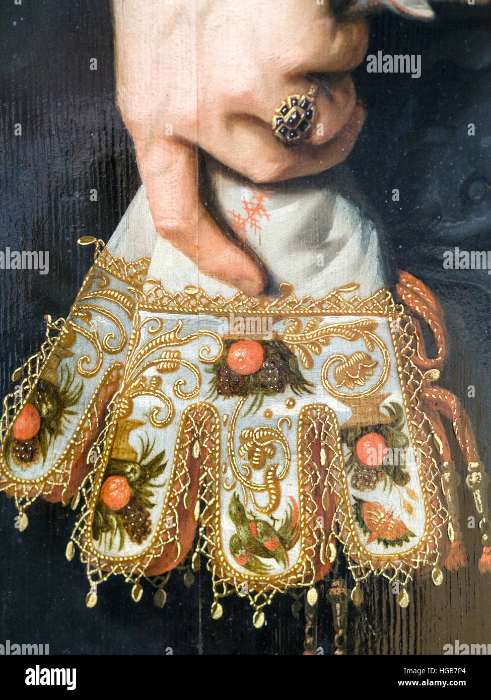 Detail of a fan in a woman's hand. Detail from a Portrait of a woman 34 years old by Nicolaea Elias dit Pickenoy showing exquisite detail in the fan Stock Photo