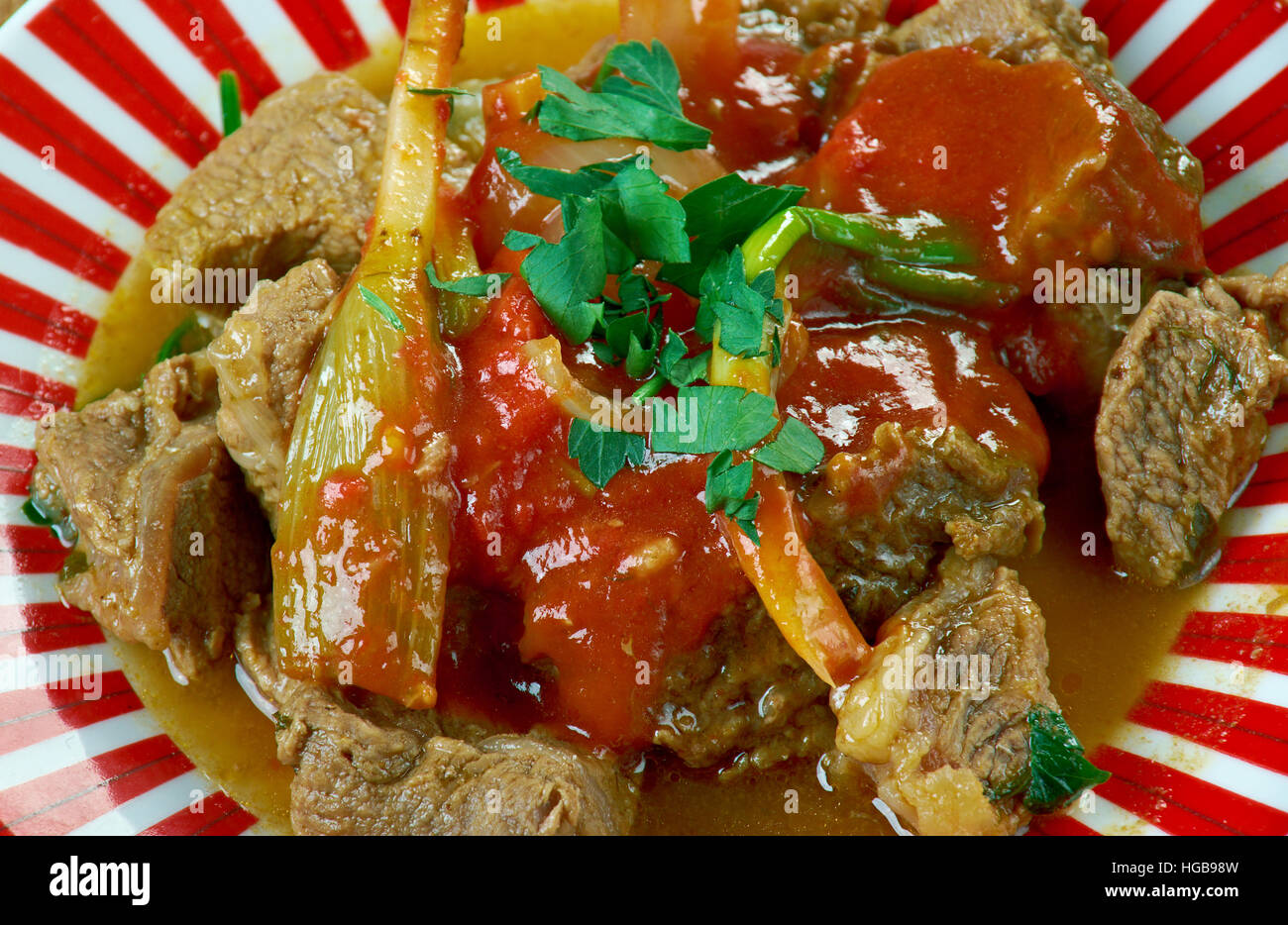 Moroccan Tagine Makfoul dish features beef, lamb or goat meat stewed