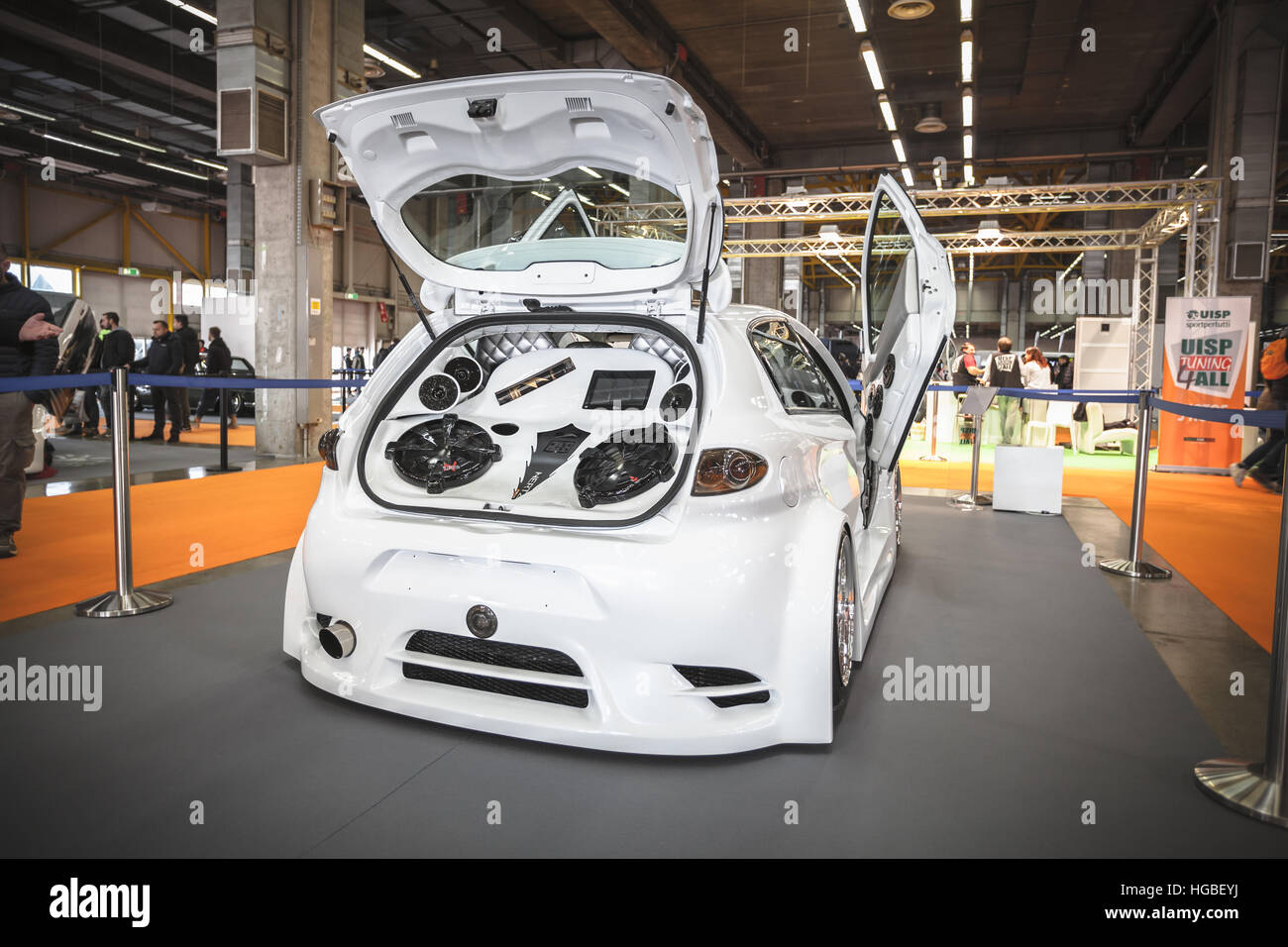 Italy, Bologna motor show 2016, Audio system Hertz mounted on a transformed Alfa Romeo 147 Stock Photo