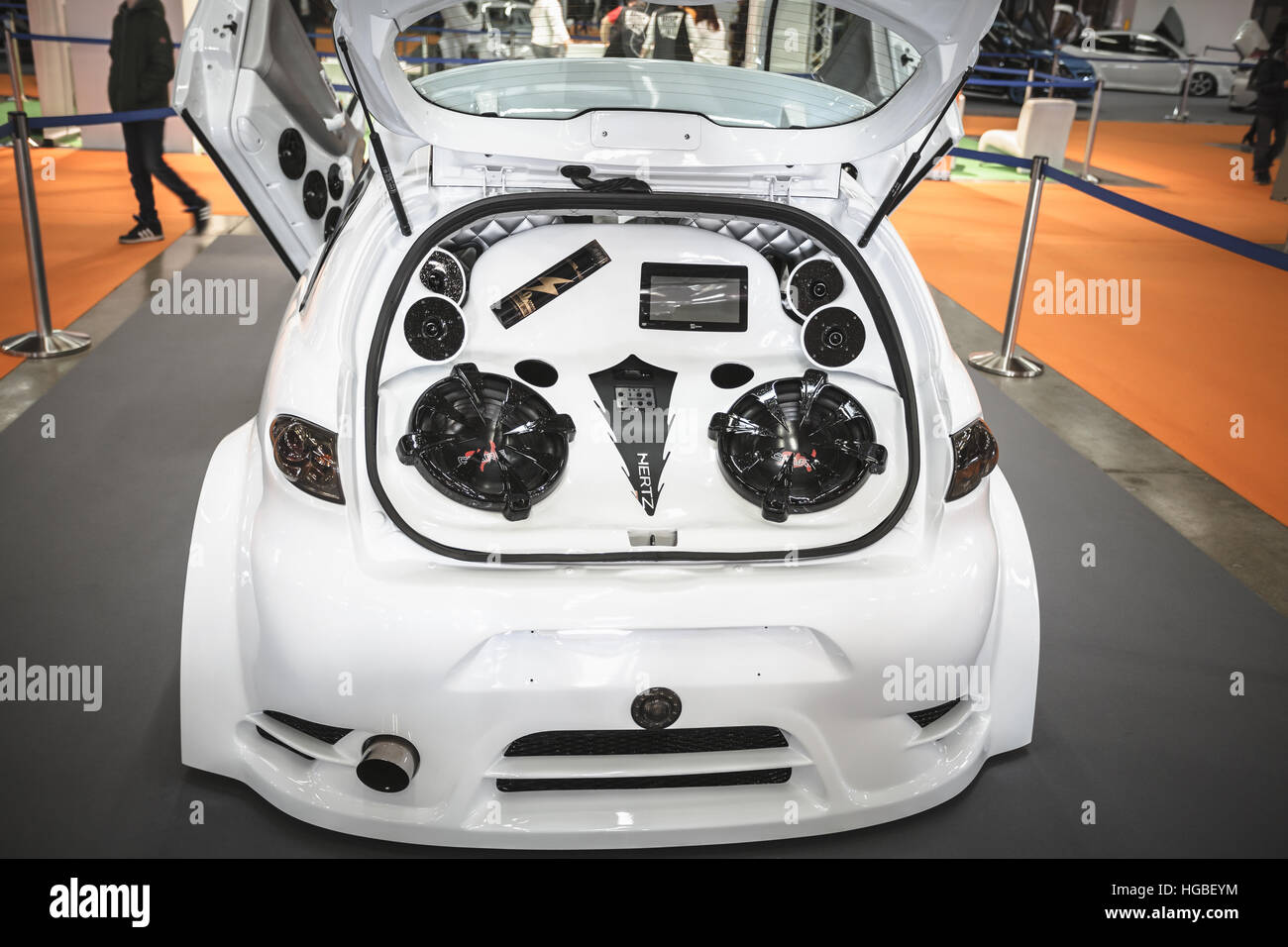 Italy, Bologna motor show 2016, Audio system Hertz mounted on a transformed Alfa Romeo 147 Stock Photo