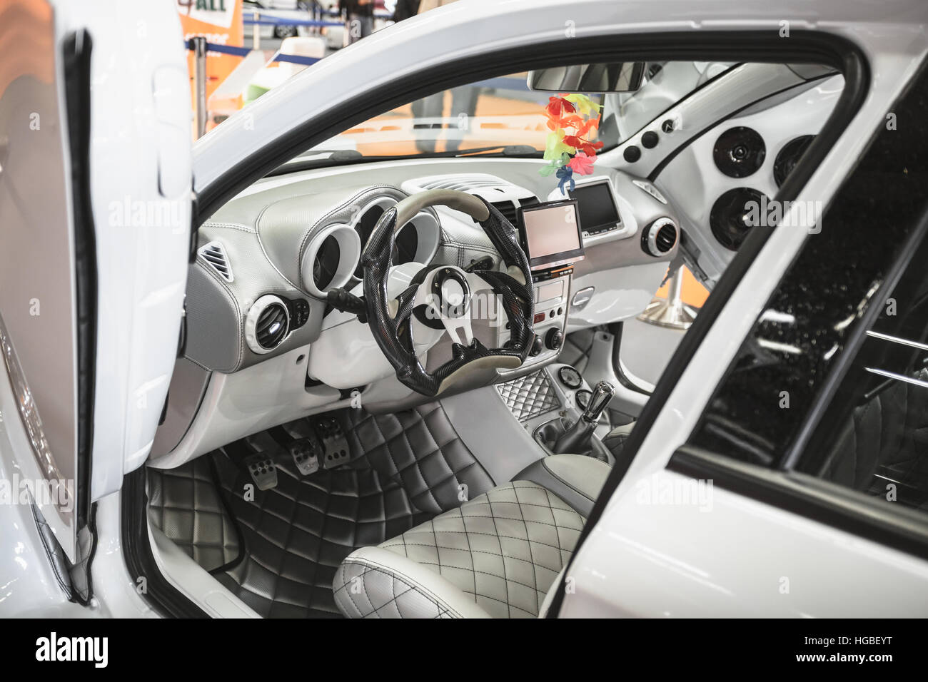 Italy, Bologna motor show 2016, Interior car design transformed tunned Alfa Romeo 147 Stock Photo