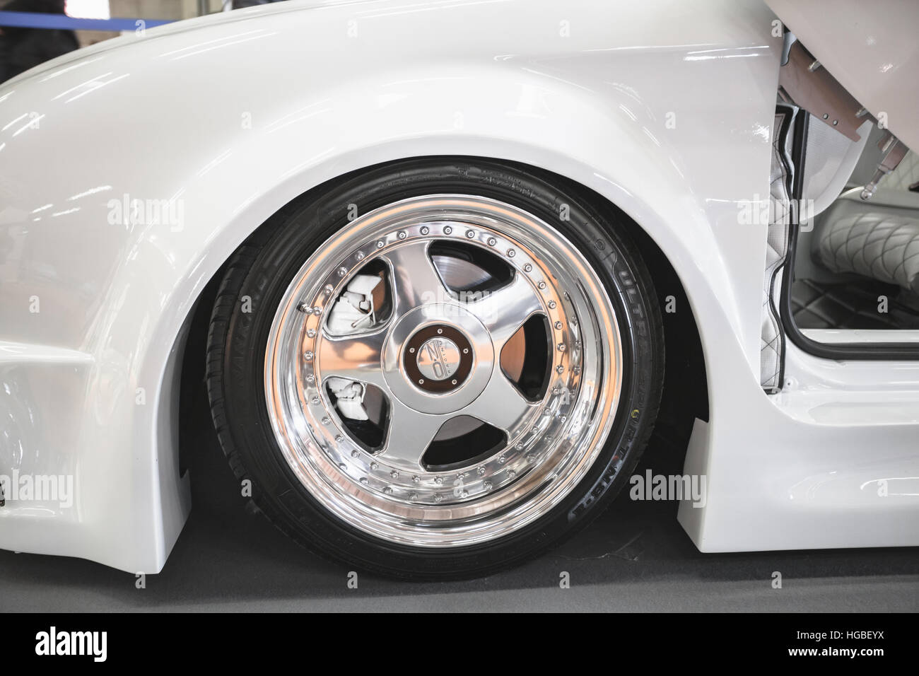 Italy, Bologna motor show 2016, OZ rim wheel on a tunned Alfa Romeo 147 Stock Photo