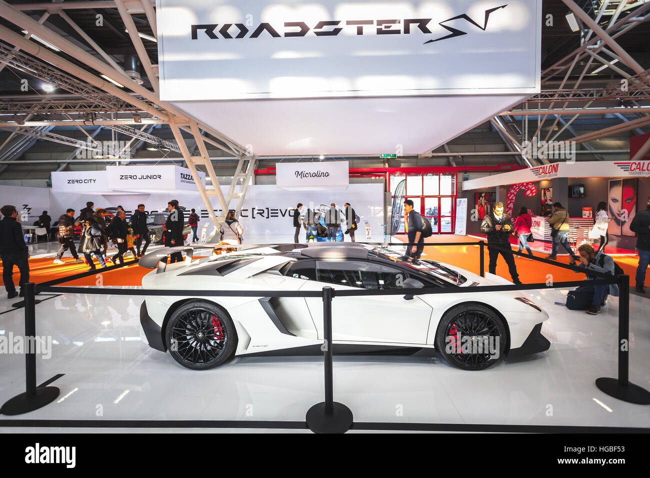 Italy, Bologna motor show 2016,white Lamborghini Roadster sport car side view Stock Photo
