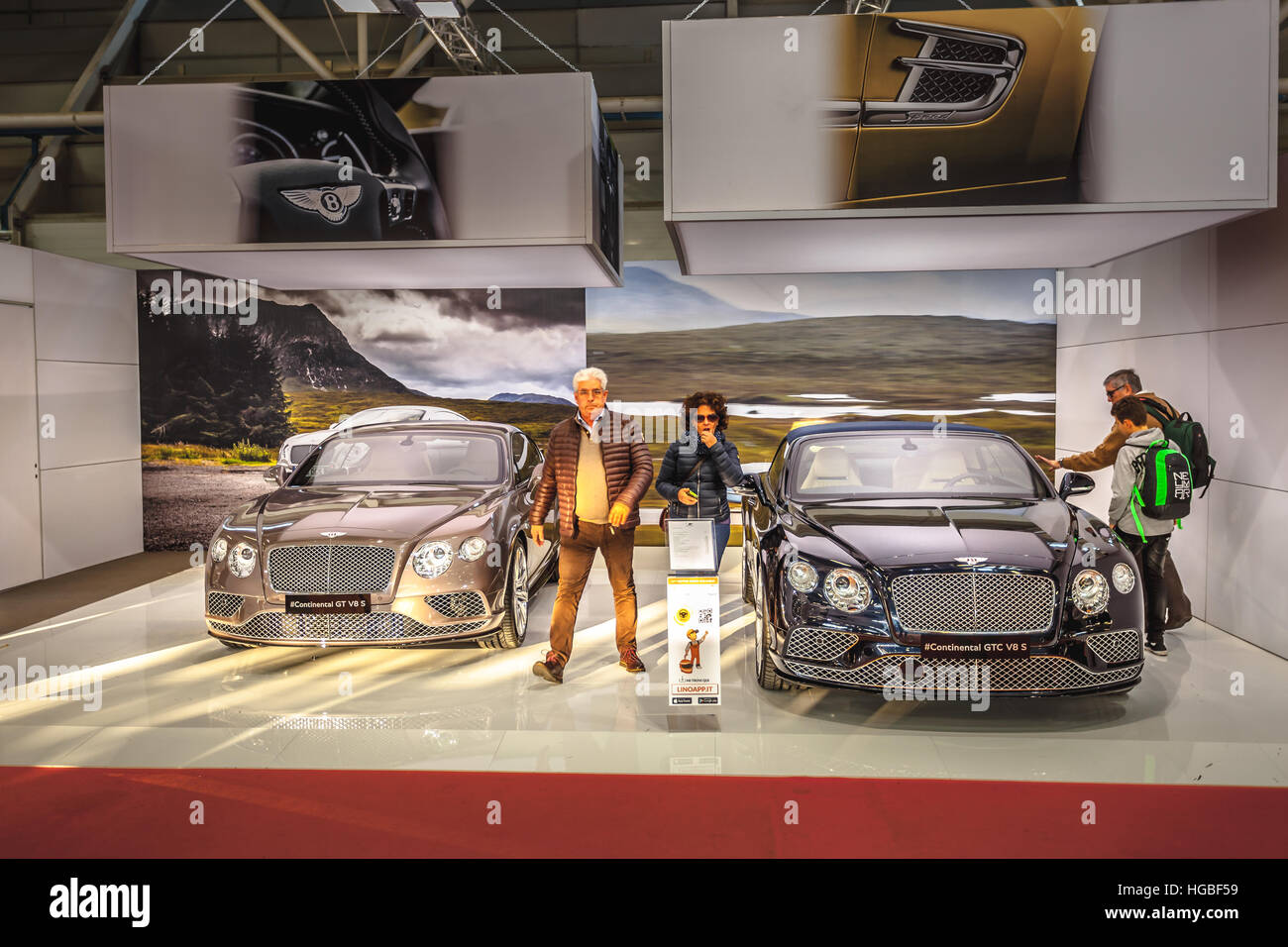 Italy, Bologna motor show 2016, People on Bentley booth and 2 models Continental GT V8 S Stock Photo