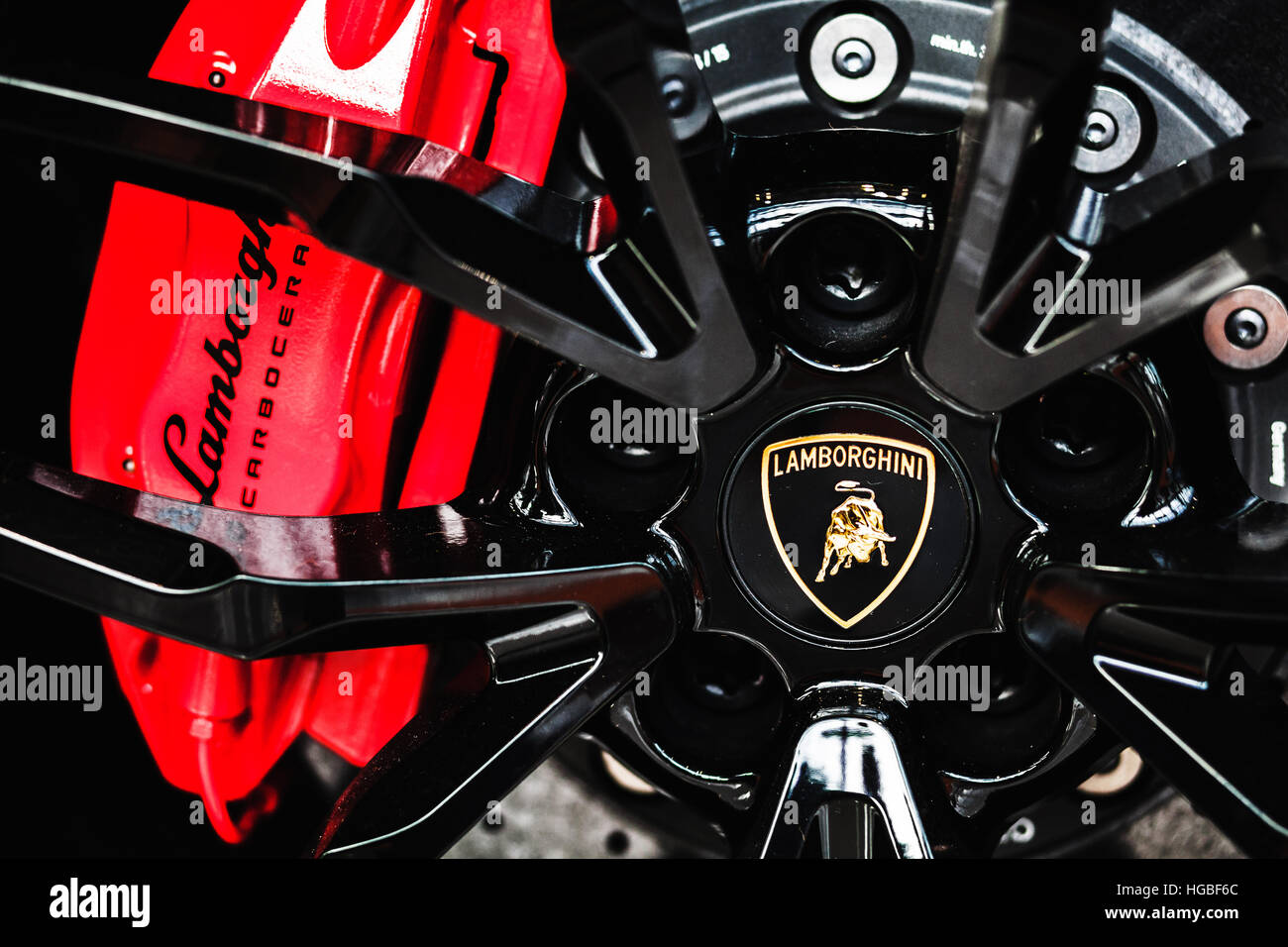 Italy, Bologna motor show 2016,Lamborghini Huracan Avio wheel car emblem closeup Stock Photo