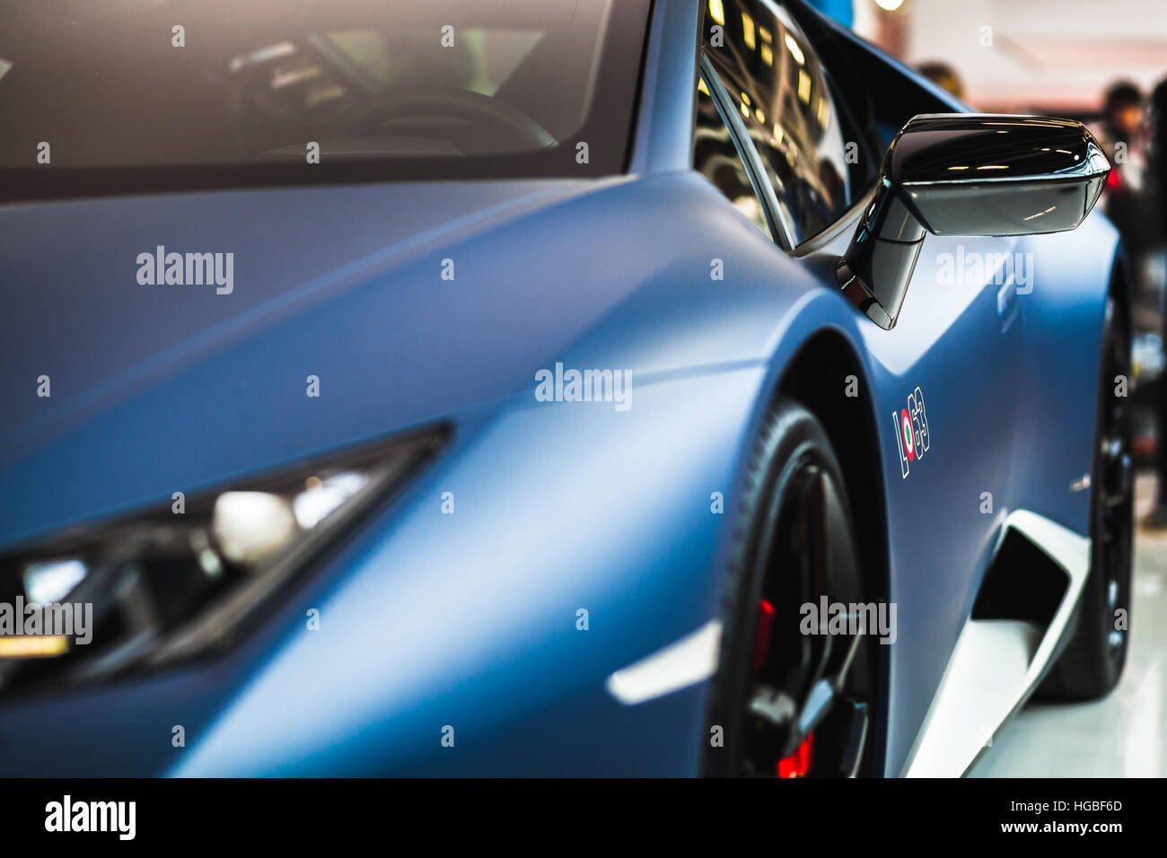 Italy, Bologna motor show 2016, blue Lamborghini Huracan Avio sport car closeup Stock Photo