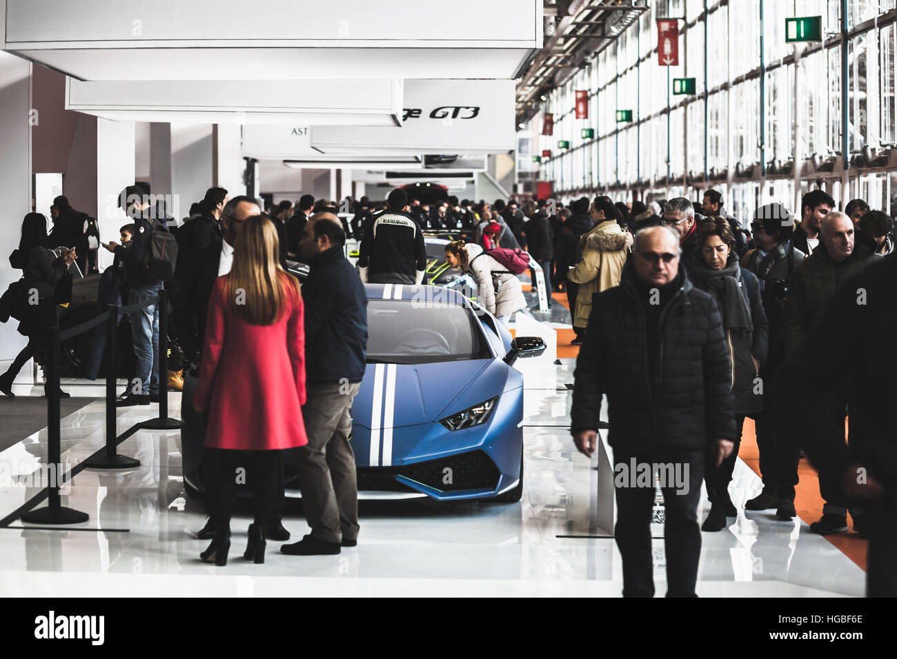 Italy, Bologna motor show 2016,People around blue Lamborghini Huracan Avio sport car Stock Photo