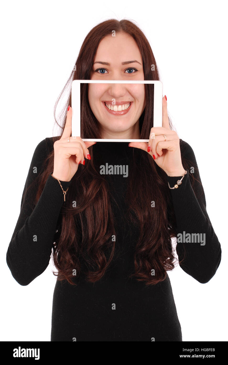 Girl with digital tablet making funny selfie isolated on white Stock