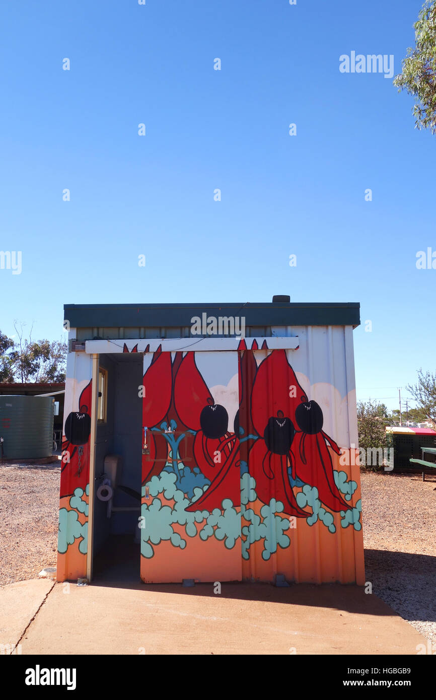 Outback dunny painted with sturt's desert pea mural, Iron Knob, South Australia. No PR Stock Photo