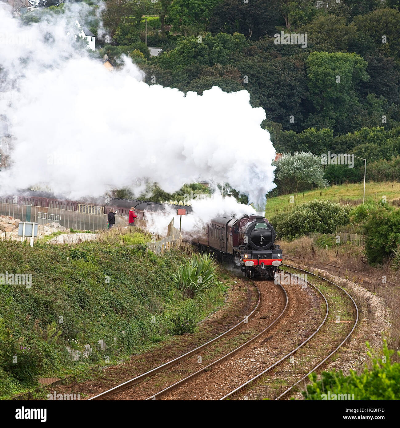 Steam pulling a passenger train out of Penzance, Cornwall