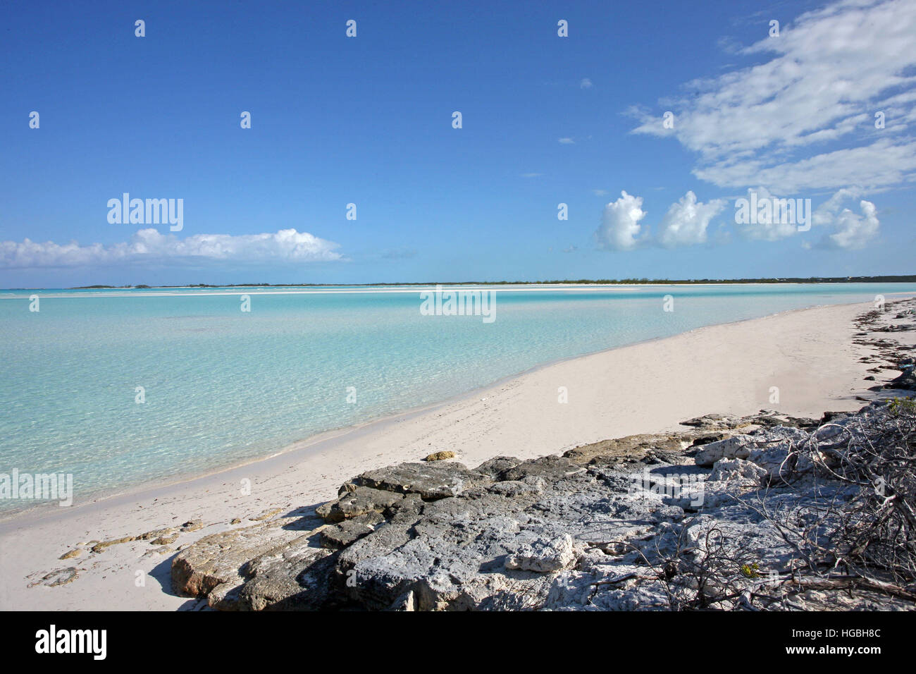 Tropical paradise and white sand beaches in Exuma Bahamas, Caribbean. Island of Great Exuma. Exuma Cays and Swimming Pigs Stock Photo