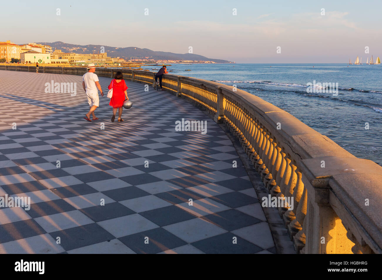 Livorno, Italy - July 01, 2016: Terrazza Mascagni with unidentified people. Its a wide sinuous belvedere toward the sea with a paving surface of 8700  Stock Photo