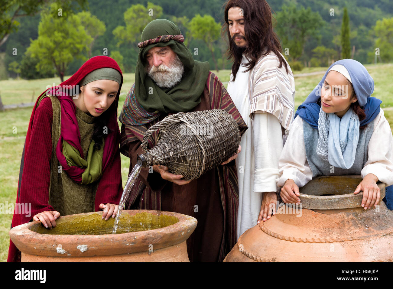 Biblical scene play of the miracle of transformation of water into wine