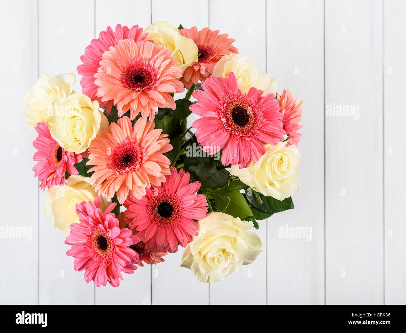 Pink Gerbera Daisy Flowers And White Roses Bouquet Stock Photo - Alamy