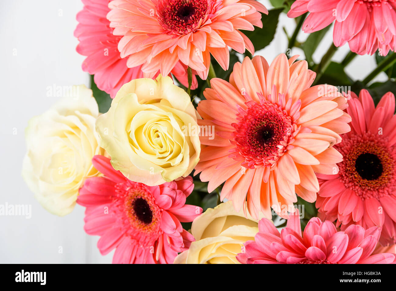Pink Gerbera Daisy Flowers And White Roses Bouquet Stock Photo Alamy