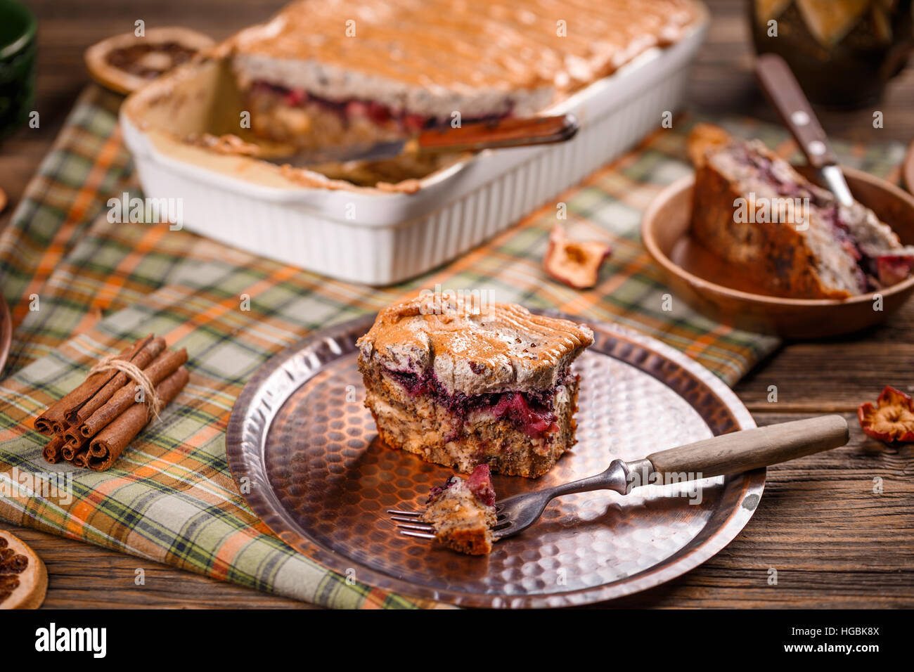 Bread and butter pudding with blueberry jam Stock Photo Alamy