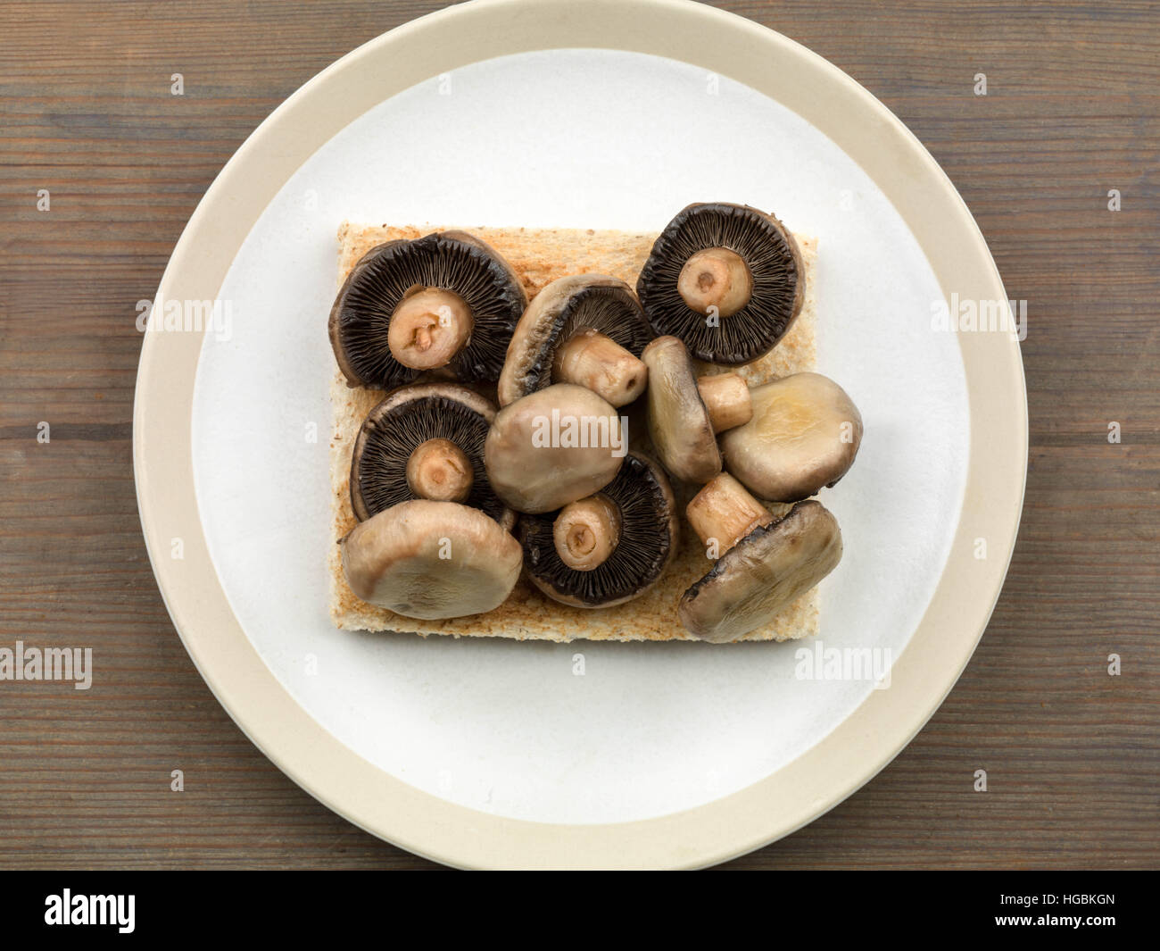 Healthy Breakfast Or Snack Of Freshly Cooked Mushrooms On Toast Served On A Plate As Calorie Controlled Diet With No People As A Flat Lay Composition Stock Photo