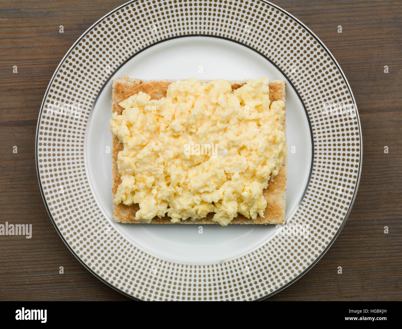 Healthy Calorie Controlled Cooked Breakfast Of Fresh Scrambled Eggs On Toast Meal Ready To Eat With No People And A Flat Lay Composition Stock Photo
