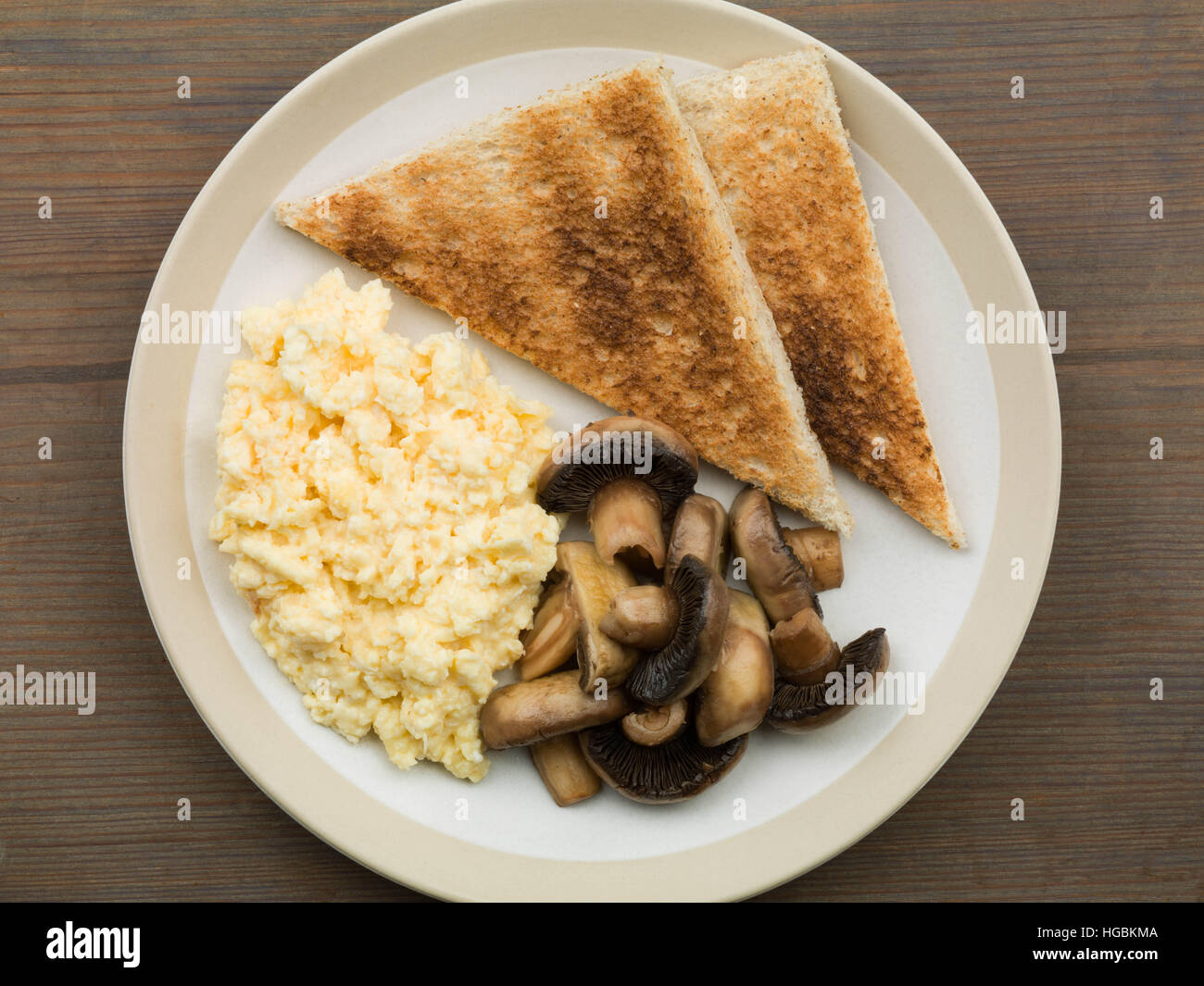 Healthy Cooked Breakfast Of Fresh Scrambled Eggs Mushrooms And Toast Served On A Plate A Flat Lay Composition With No People A Calorie Controlled Diet Stock Photo Alamy