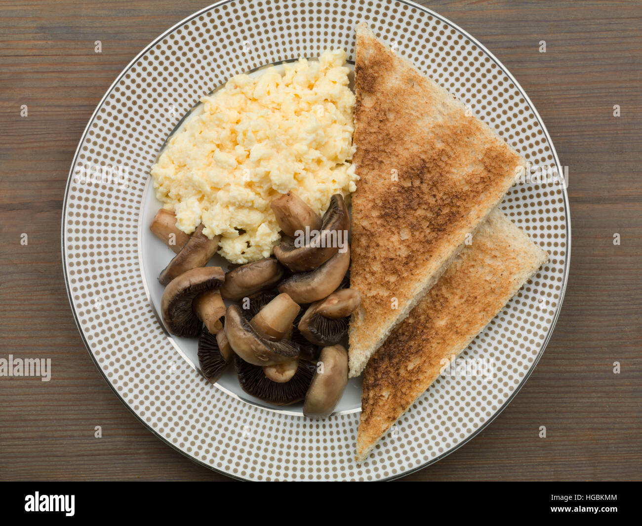 Healthy Cooked Breakfast Of Fresh Scrambled Eggs Mushrooms And Toast Served On A Plate A Flat Lay Composition With No People A Calorie Controlled Diet Stock Photo