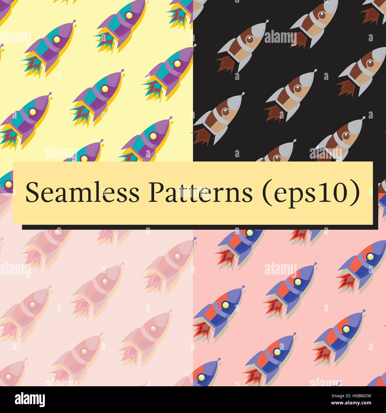 Red Rockets Patterns Cute and colorful space seamless pattern background with rockets. In ...