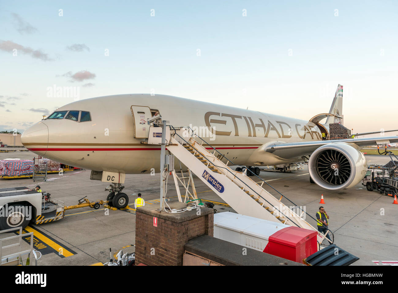 Etihad Airways Boeing 777 Cargo aircraft parked at Sydney International Airport, Australia Stock Photo