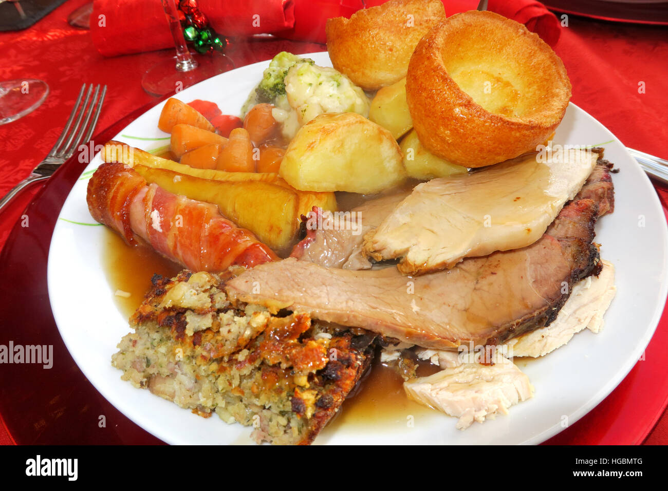 A Christmas roast dinner complete with meat, roast potatoes and