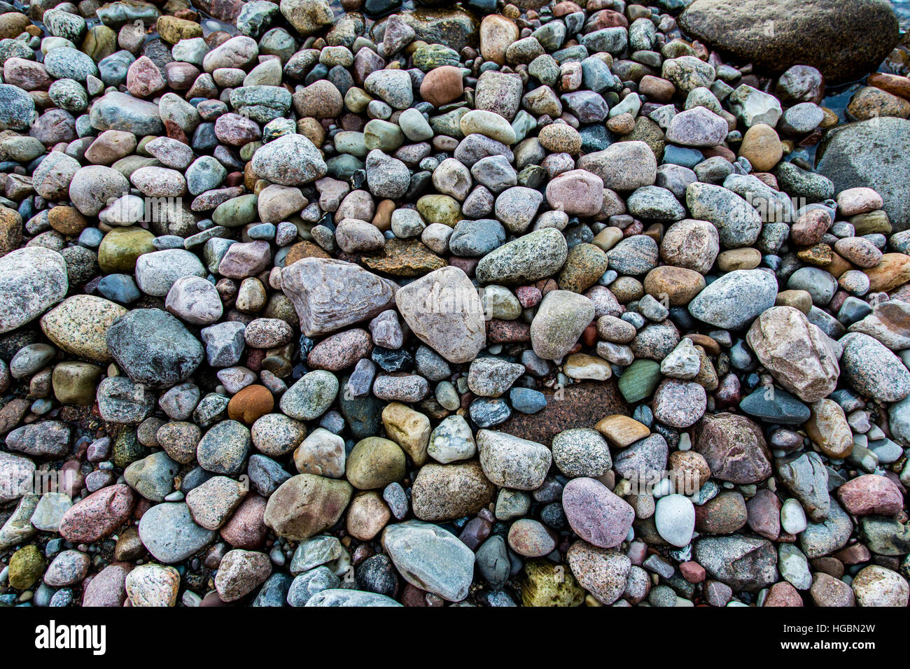 Many large and small pebbles stones, on a beach, island Ruegen, baltic coast, Germany Stock Photo