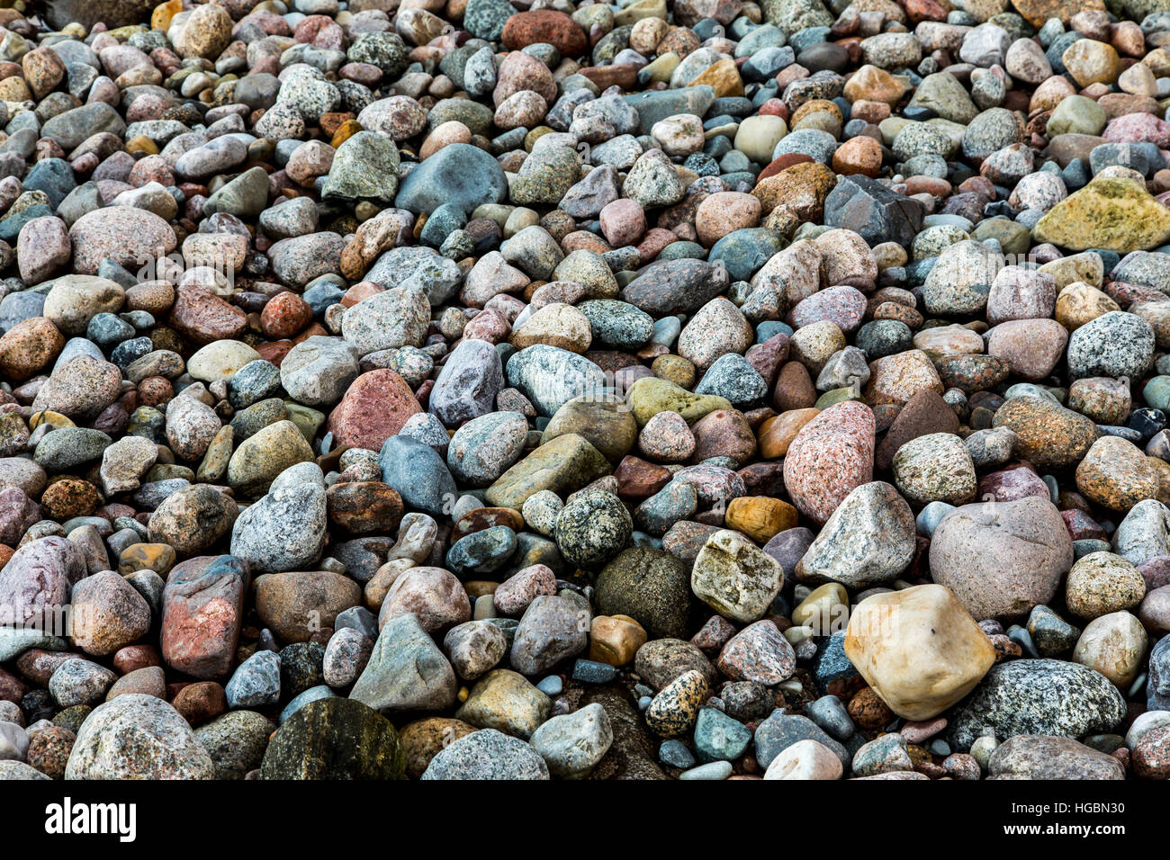 Many large and small pebbles stones, on a beach, island Ruegen, baltic coast, Germany Stock Photo