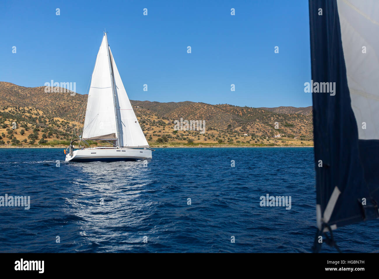 Sail yachts in open the Sea. Luxury boat in sailing regatta Stock Photo ...
