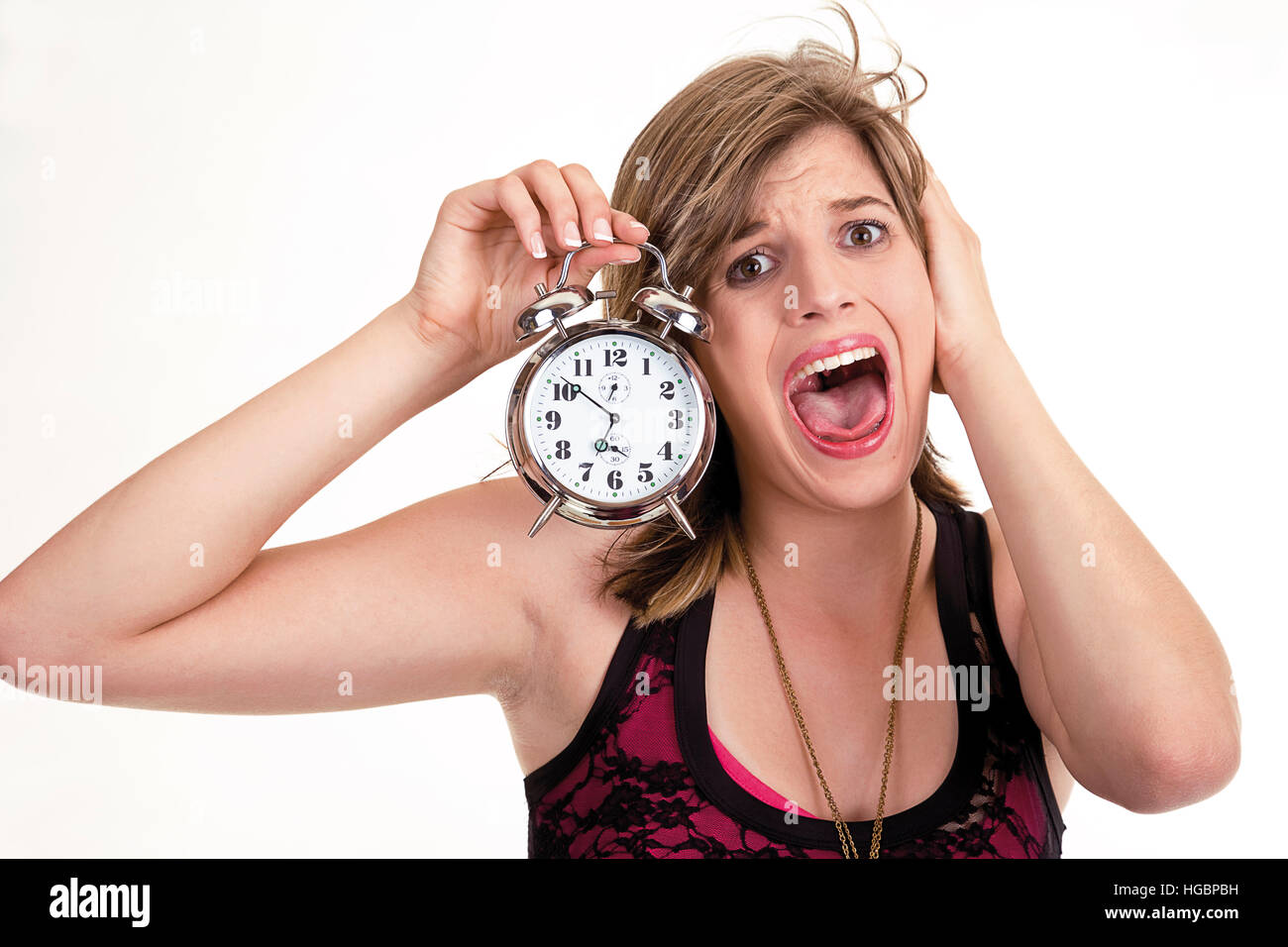 Time Rage Screaming Clock Symbol for time pressure: screaming young woman holding an alarm clock ...