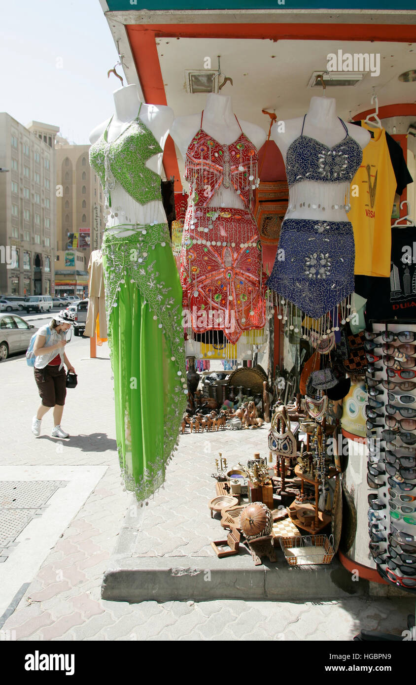 U.A.E., Dubai, Bur Dubai, Bastakiya, souvenir shop selling belly dance dresses Stock Photo