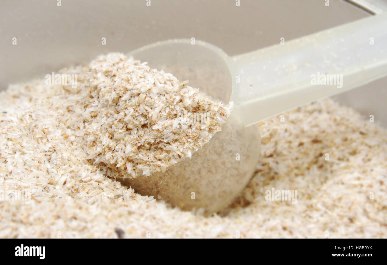 Psyllium Husks are mixed with juice or water for a daily dietary fiber supplement. Stock Photo