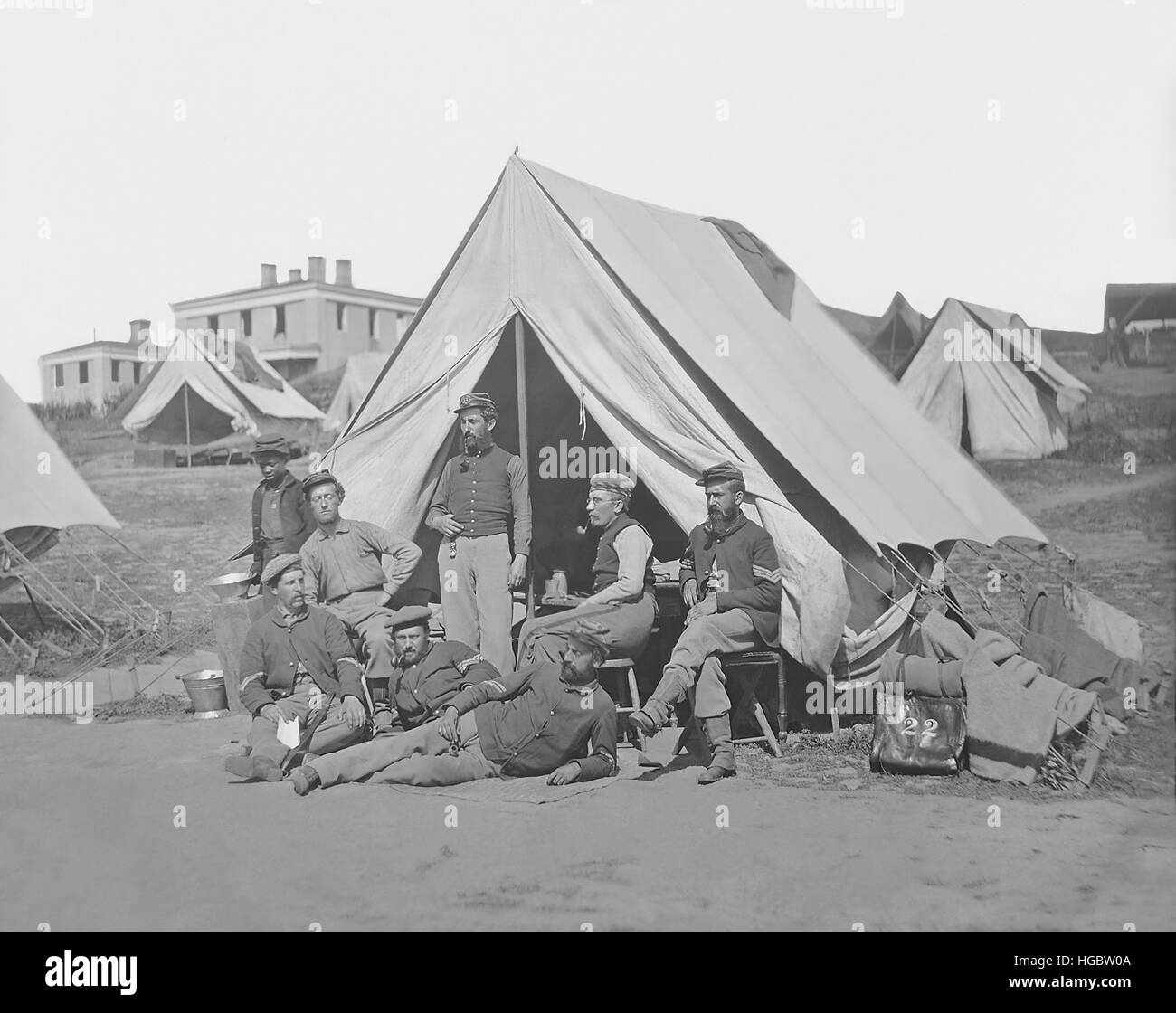 22nd New York Volunteer Infantry at their camp during the American Civil War. Stock Photo