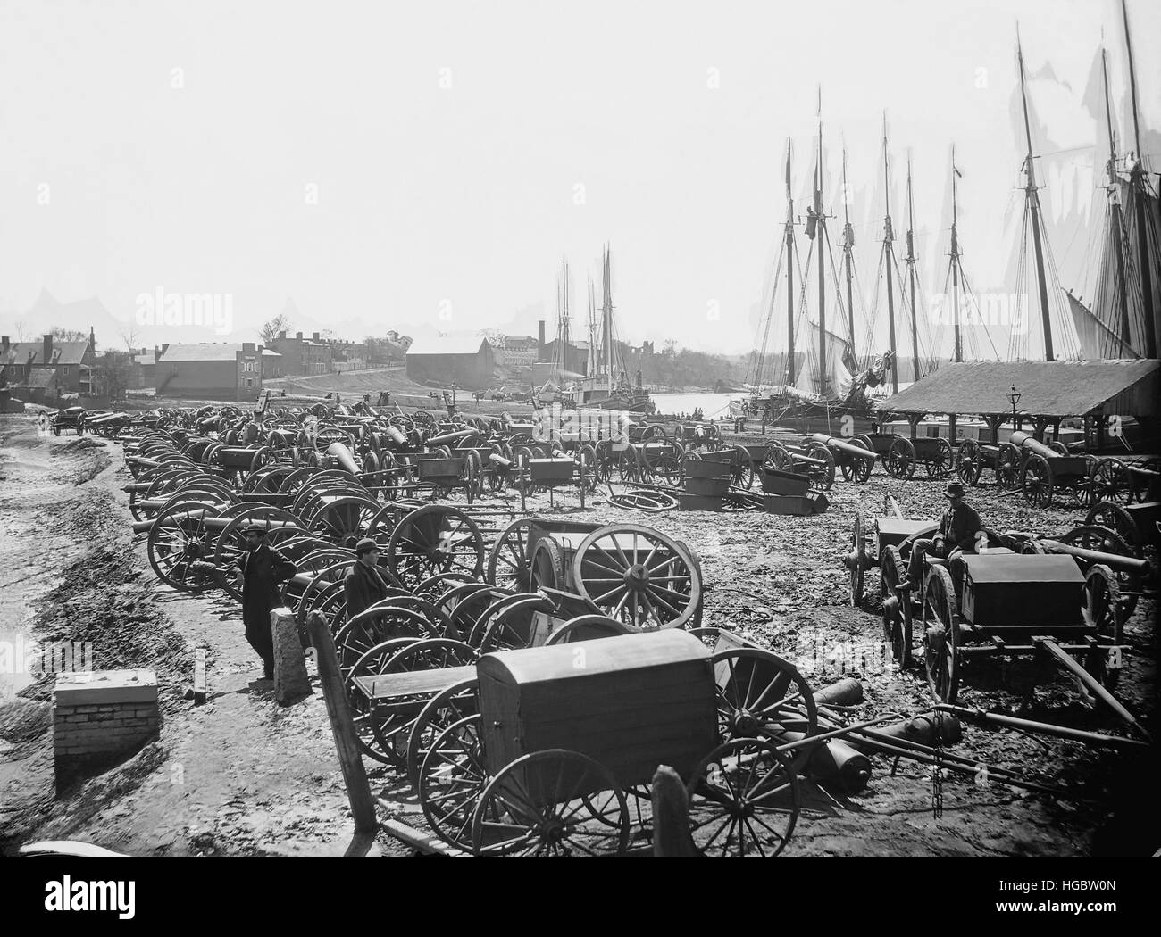 Seized Confederate cannons and caissons on the wharf in Richmond, Virginia Stock Photo