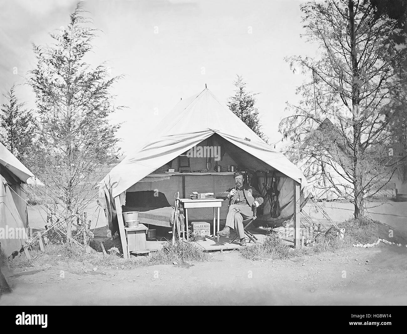 Lieutenant James B. Neill sitting inside his tent during the American Civil War. Stock Photo