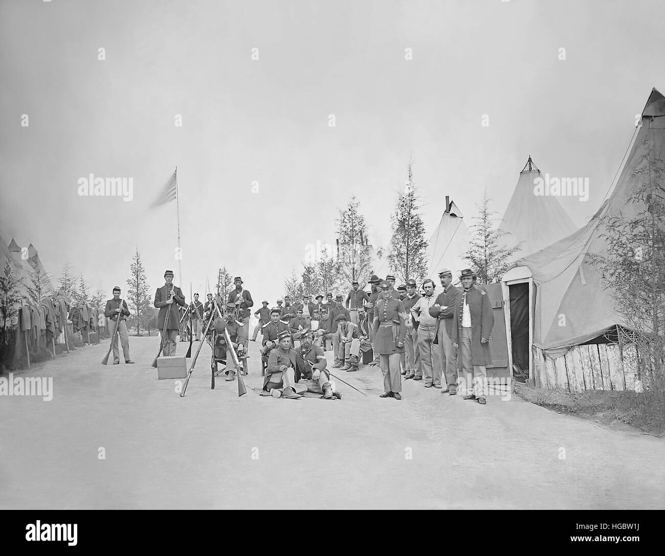 Military camp with soliders in street during the American Civil War. Stock Photo