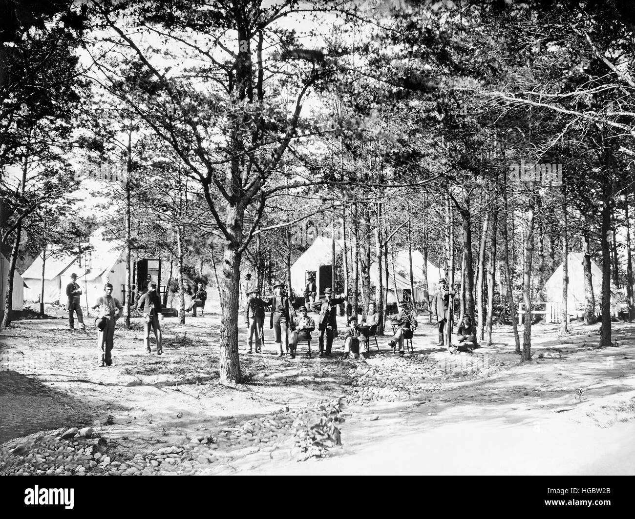 Military camp set up in the woods during the American Civil War. Stock Photo