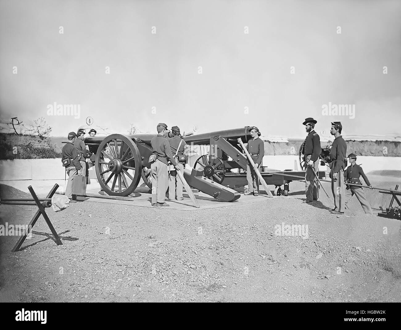Artillery drill in fort during the American Civil War. Stock Photo