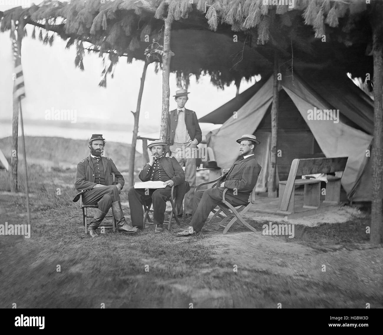 Officers from the 5th U.S. Cavalry Regiment sitting outside their tent during the American Civil War. Stock Photo