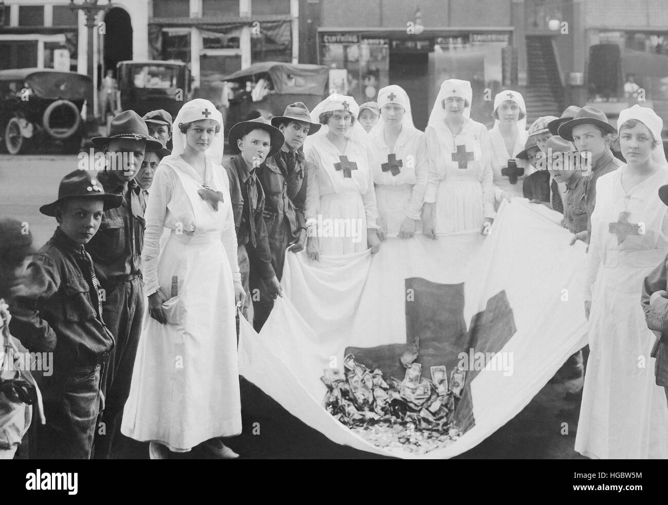 American Red Cross workers during a Red Cross parade. Stock Photo