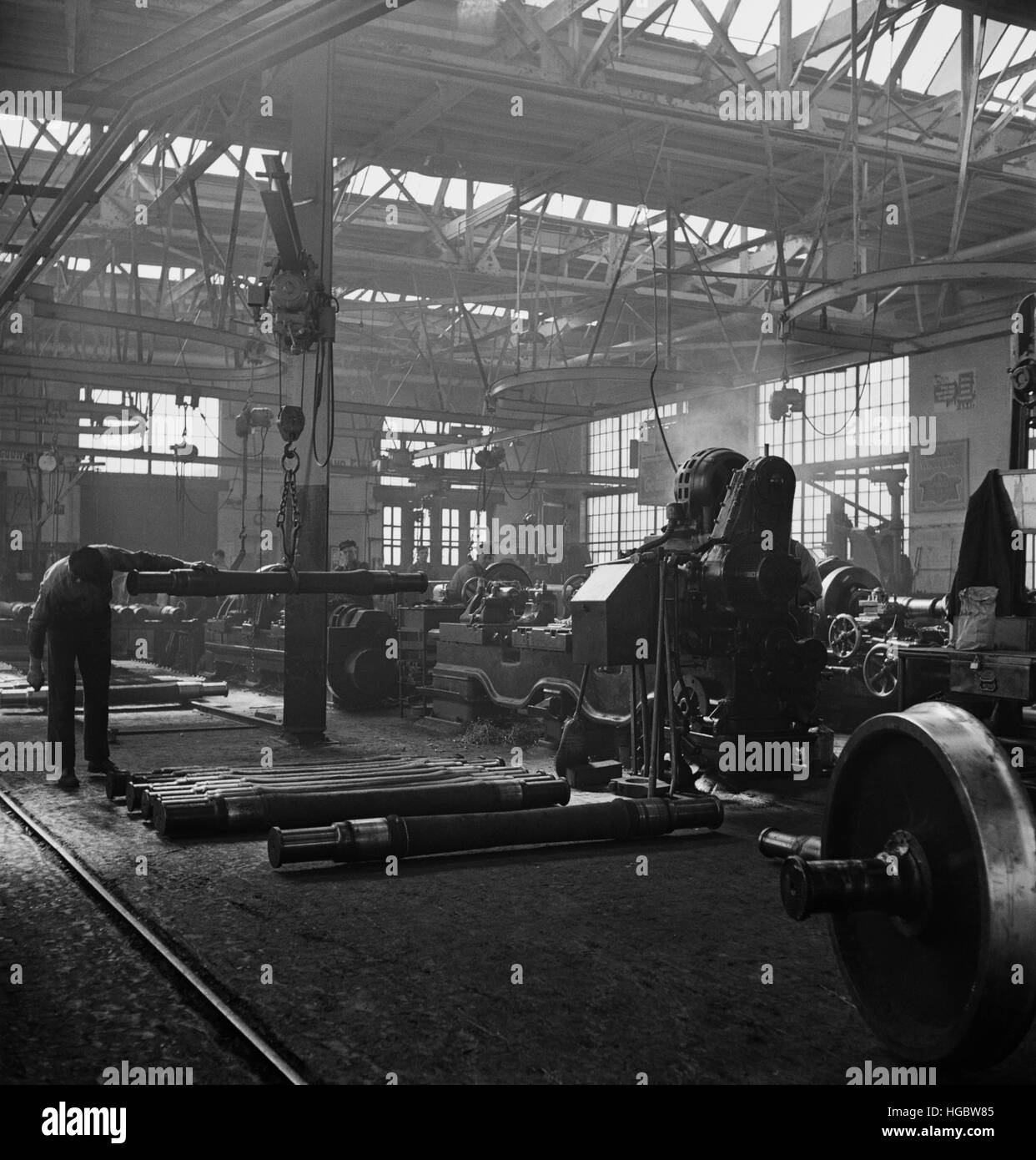 Inside the locomotive repair shops at an Illinois Central Railroad yard in Chicago, 1942. Stock Photo