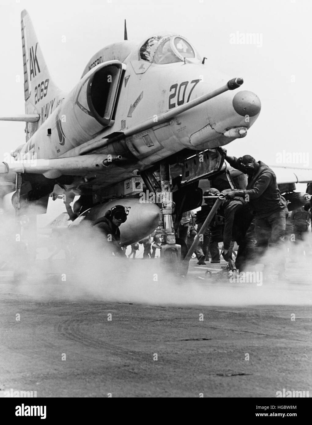 An A-4F Skyhawk on the steam catapult aboard USS Intrepid, Vietnam War, 1968. Stock Photo