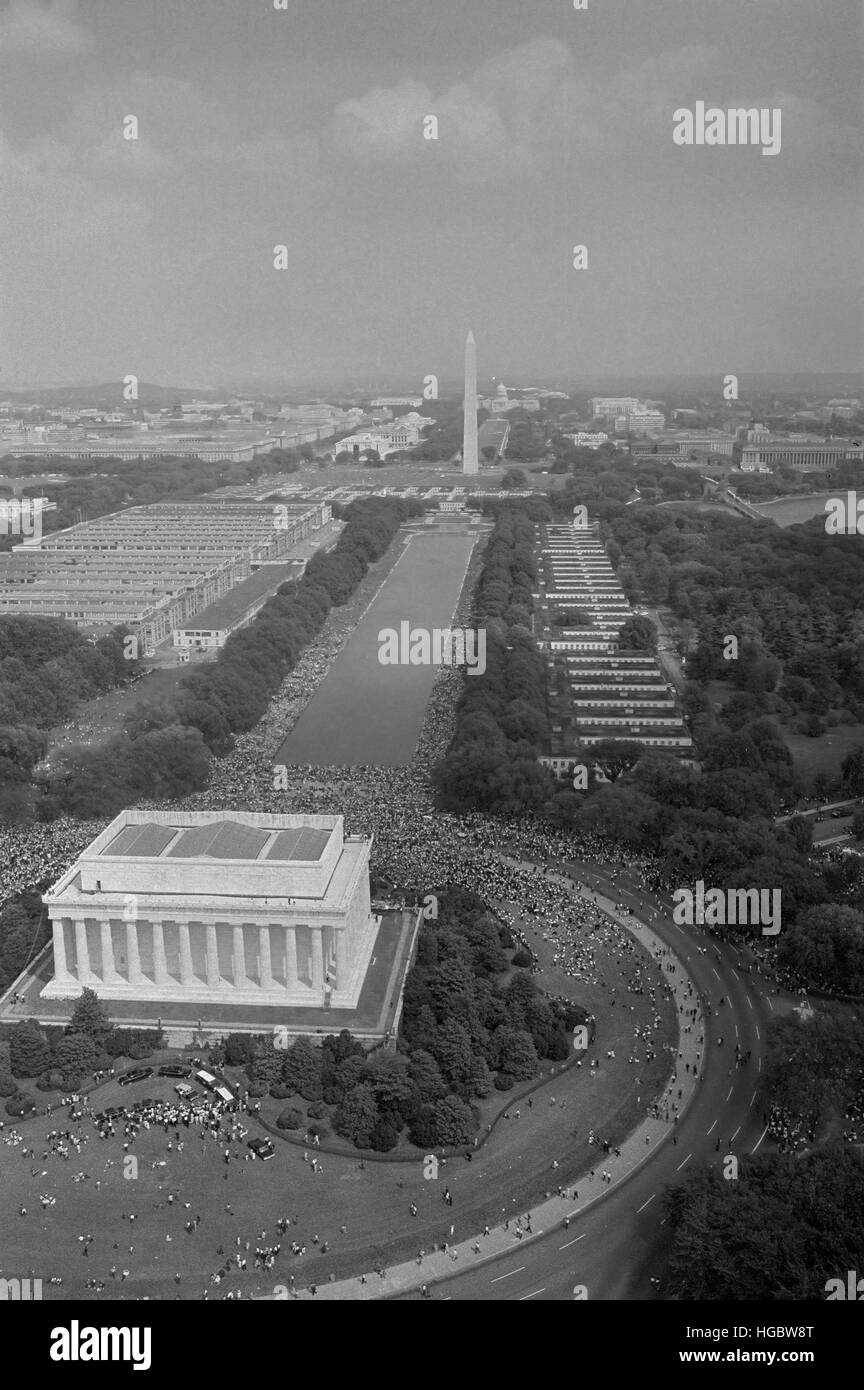 Aerial view of civil rights marchers, from the Lincoln Memorial to the Washington Monument, 1963. Stock Photo