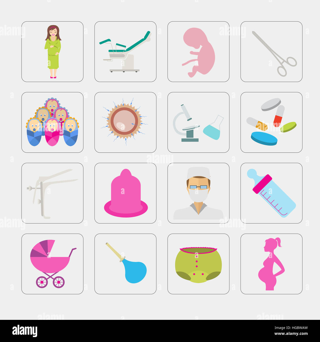 Gynecology and pregnancy icon set. Motherhood elements. Constructor for creating your own design, infographics. Vector illustration Stock Photo